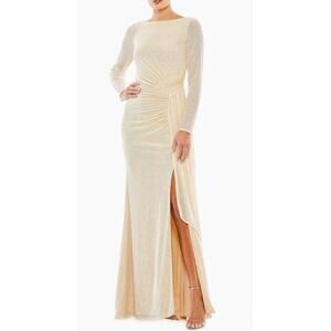 New Mac Duggal Draped Sequined Ruched Long Sleeve Gown In Pearl Sz 14 $398